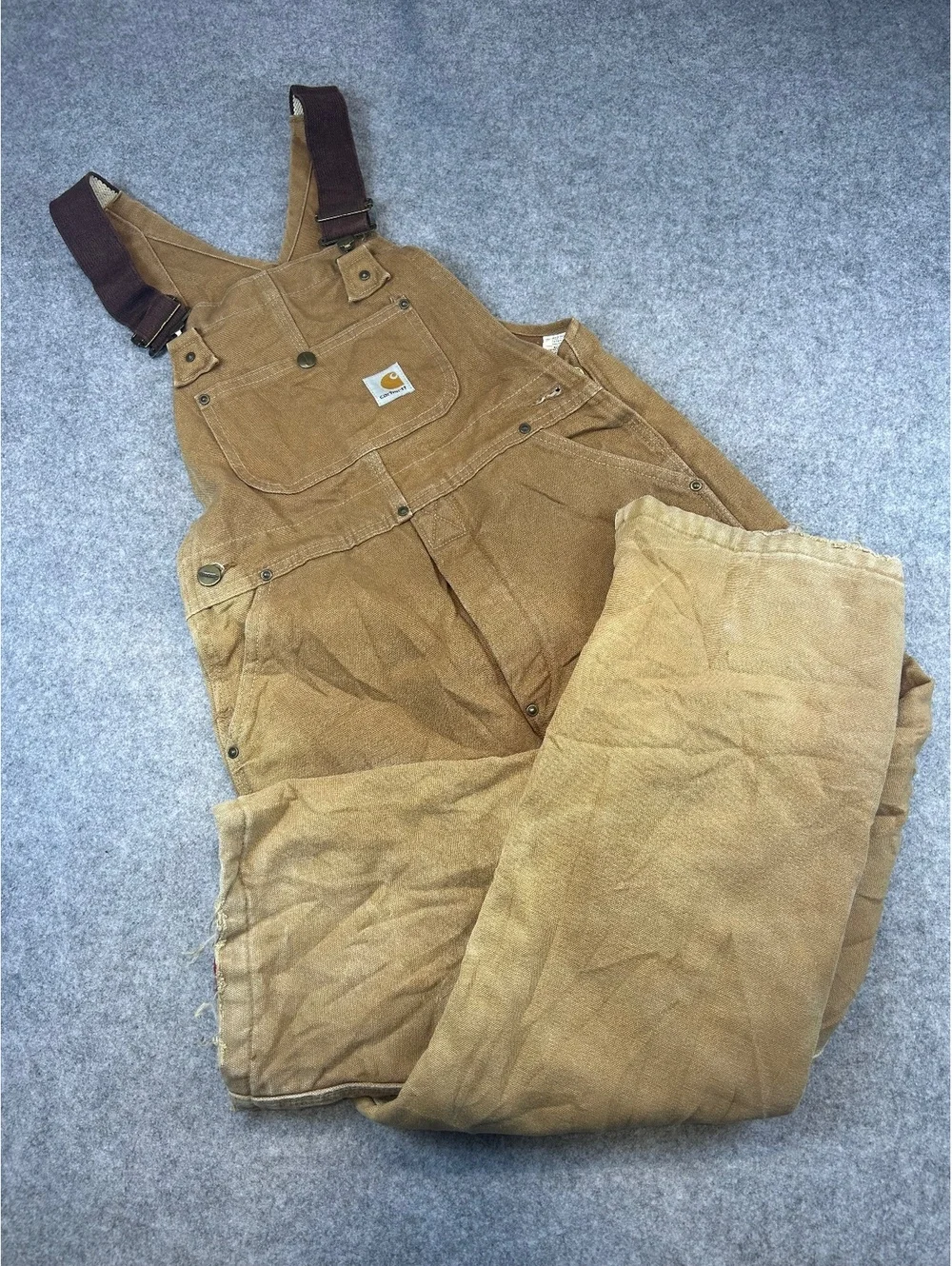 Carhartt Youth Overalls Y09-BRN 14-16 Faded Distressed Duck Bib Double Knee